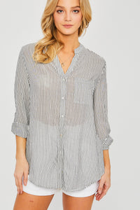 Split Neck Button Down Striped Top