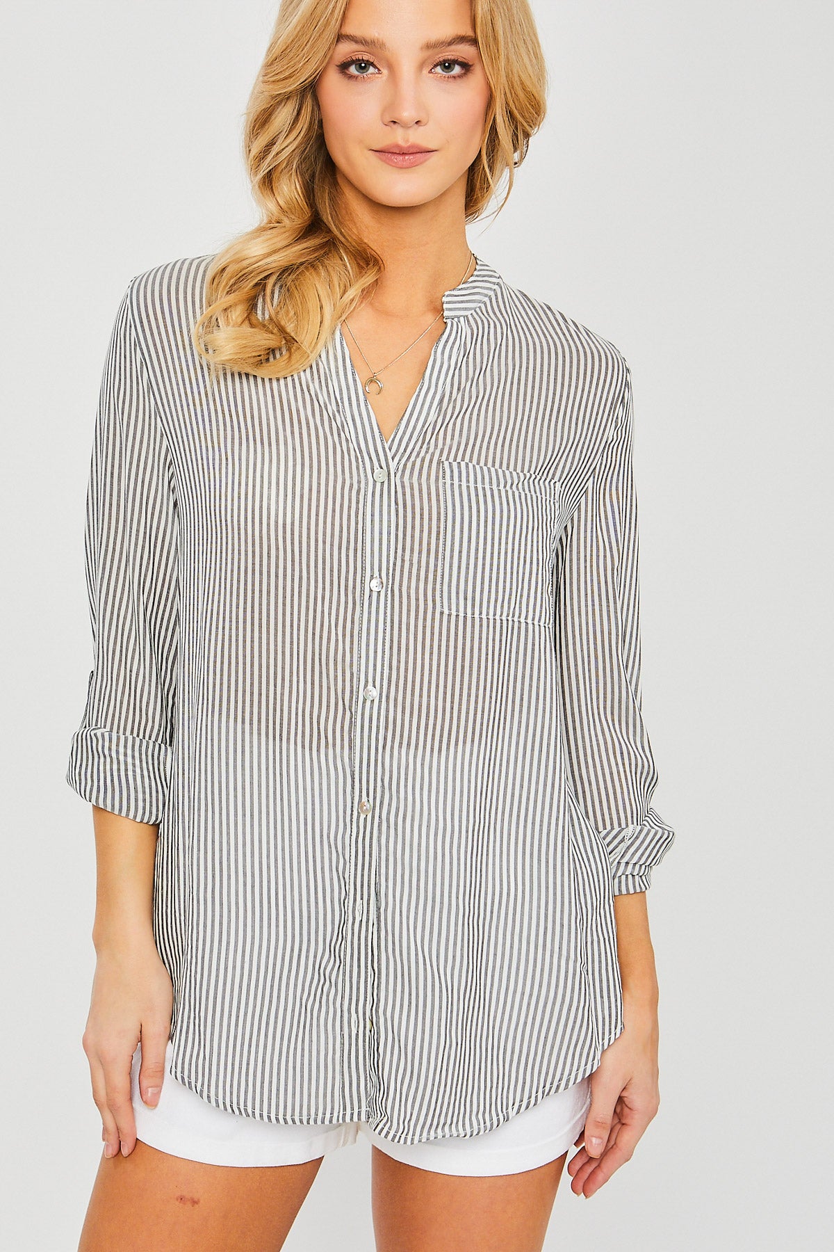 Split Neck Button Down Striped Top