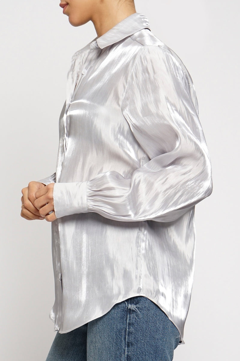 Shimmer Tonight Iridescent Button Down In Silver