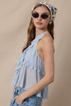 Sheer Solid Color Double Ties Lace Ruffle Top in Light Blue