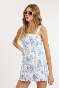 Poppy Floral Square Neck Smocked Mini Dress in Blue