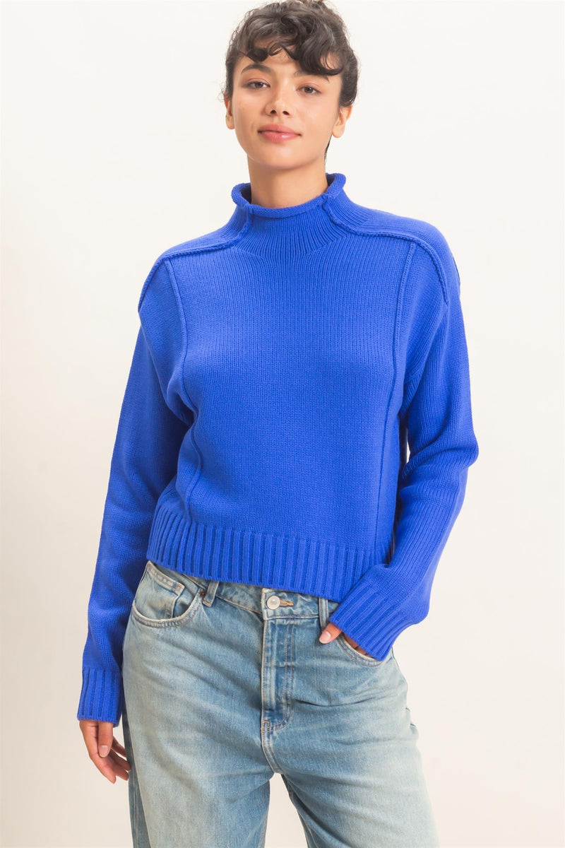 Remy Roll Neck Reversed Seam Sweater in Blue — front view on model