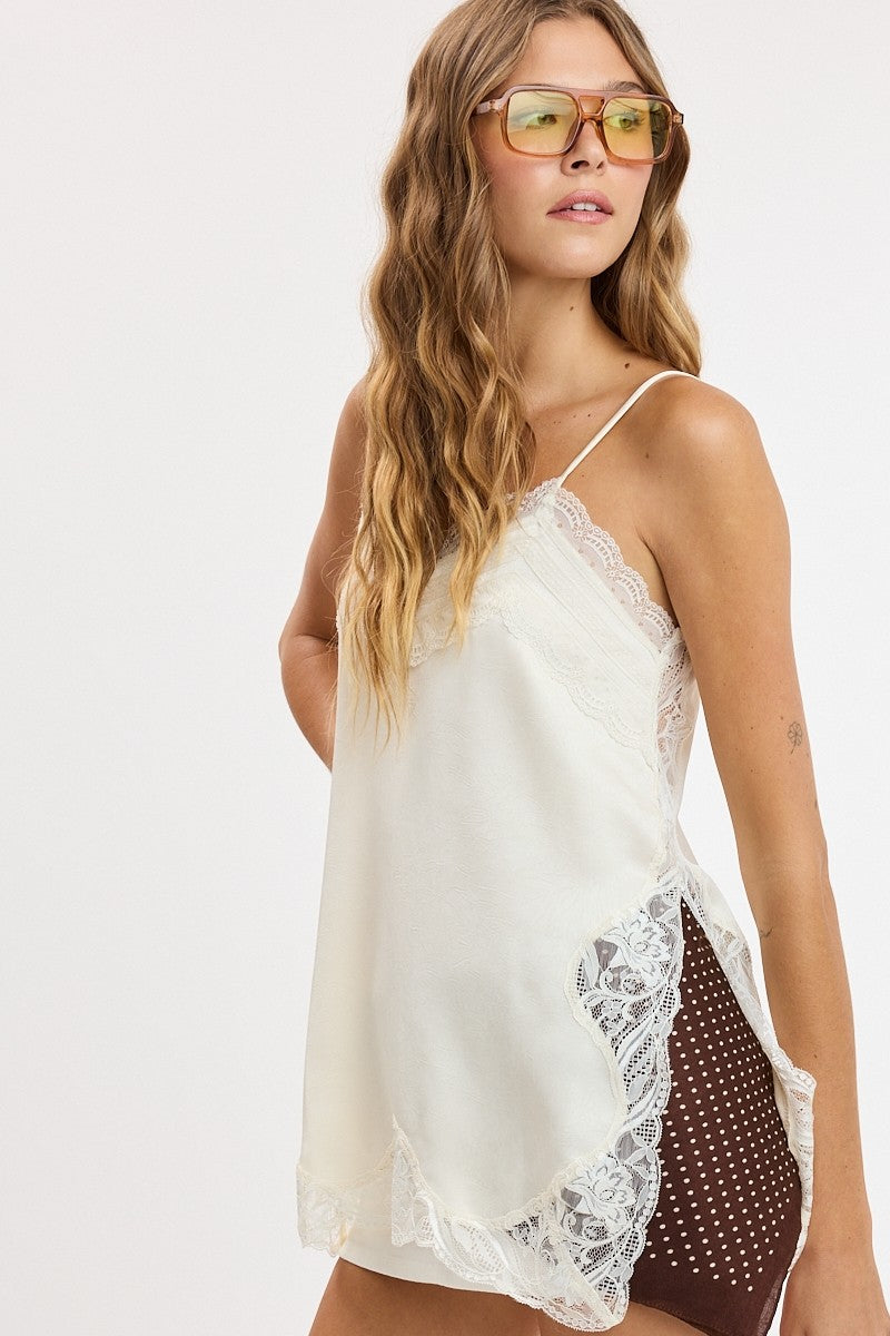 Pearl Textured Satin Lace Detail Top