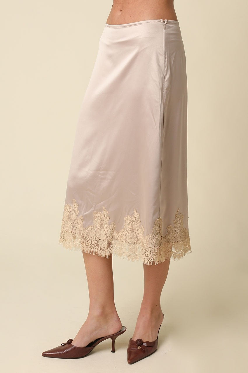 Simone Lace Trim Satin Midi Skirt in Champagne