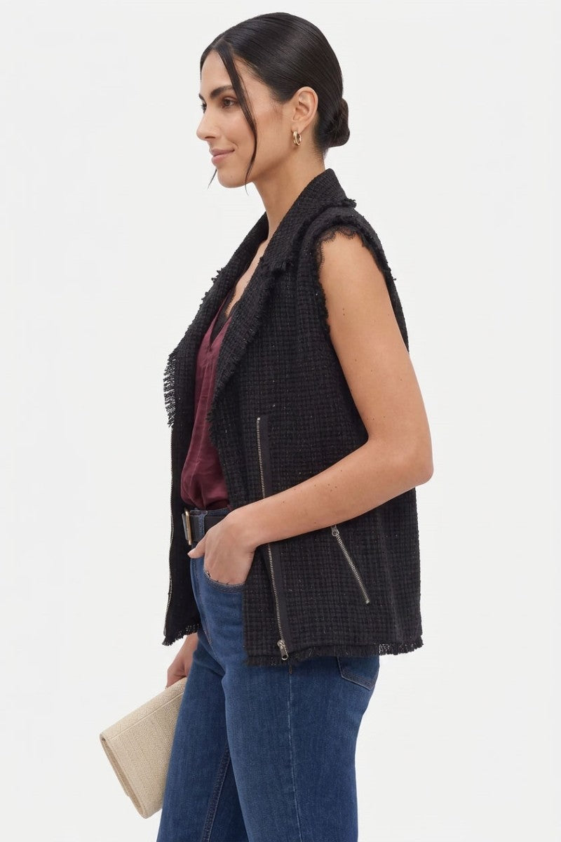Frayed Tweed Zip Front Vest in Black
