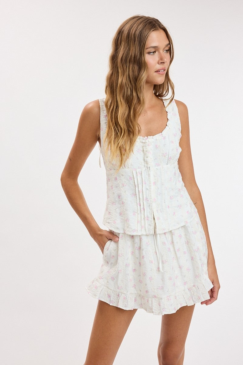 Rosette Floral Eyelet Ruffle Top & Mini Skirt Set