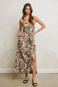 Bali Tropical Print Strapless Belted Maxi Dress