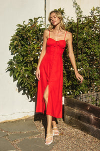 Sweetheart Corset Button Front Midi Dress in Red