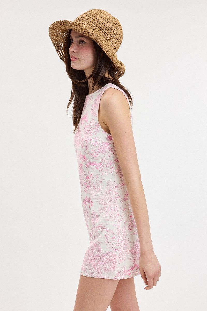 Pastel Print Boat Neck Micro Mini in Pink