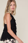 Mesh Solid Color Double Ties Ruffle Top in Black