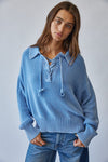 Washed Chunky Knit Lace Up Front Sweater in Blue
