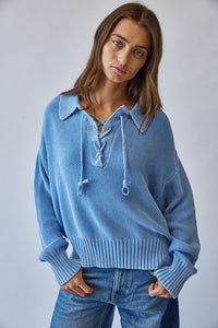 Washed Chunky Knit Lace Up Front Sweater in Blue