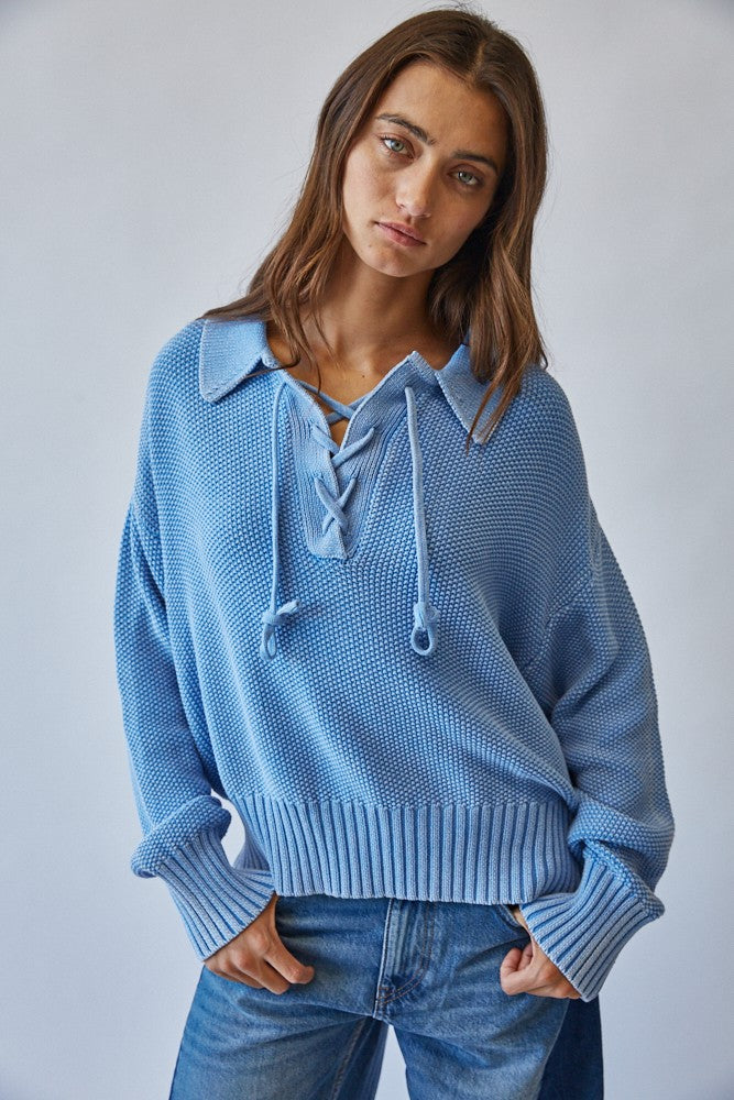 Washed Chunky Knit Lace Up Front Sweater in Blue