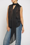 Sheer Stripe Tie Neck Blouse in Black