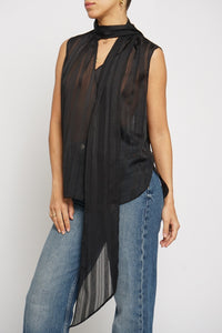 Sheer Stripe Tie Neck Blouse in Black