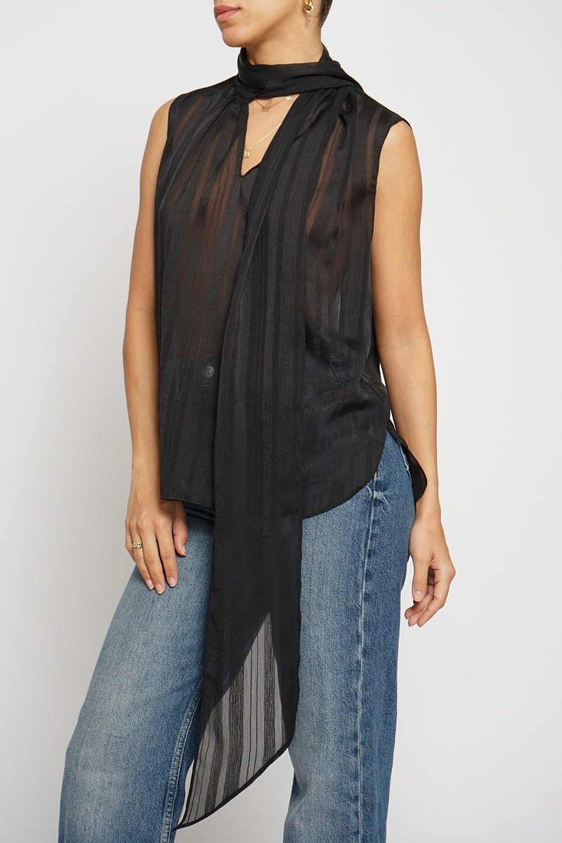 Sheer Stripe Tie Neck Blouse in Black