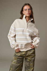 Whistler Stripe Fleece Snap Neck Top in Taupe