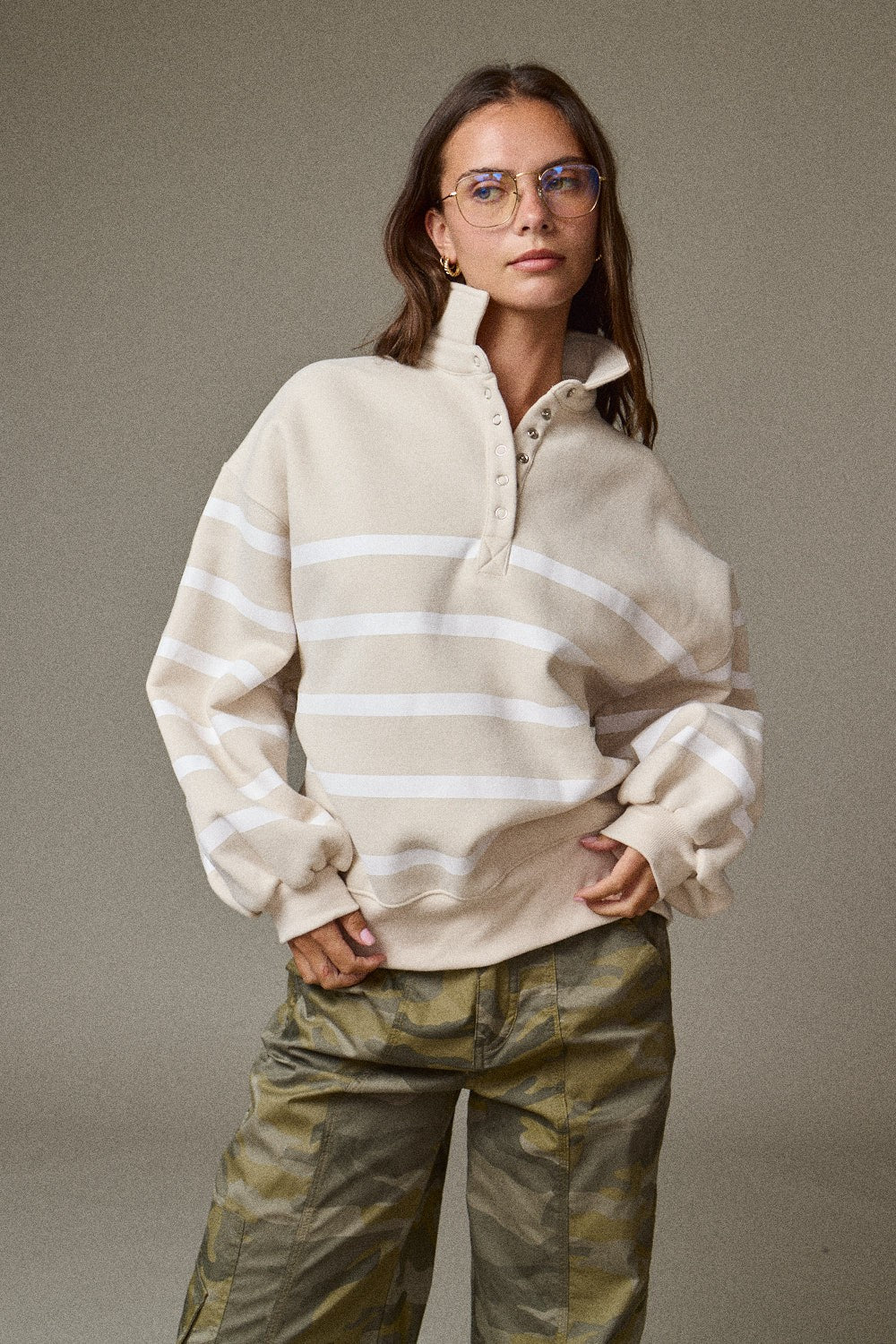 Whistler Stripe Fleece Snap Neck Top in Taupe