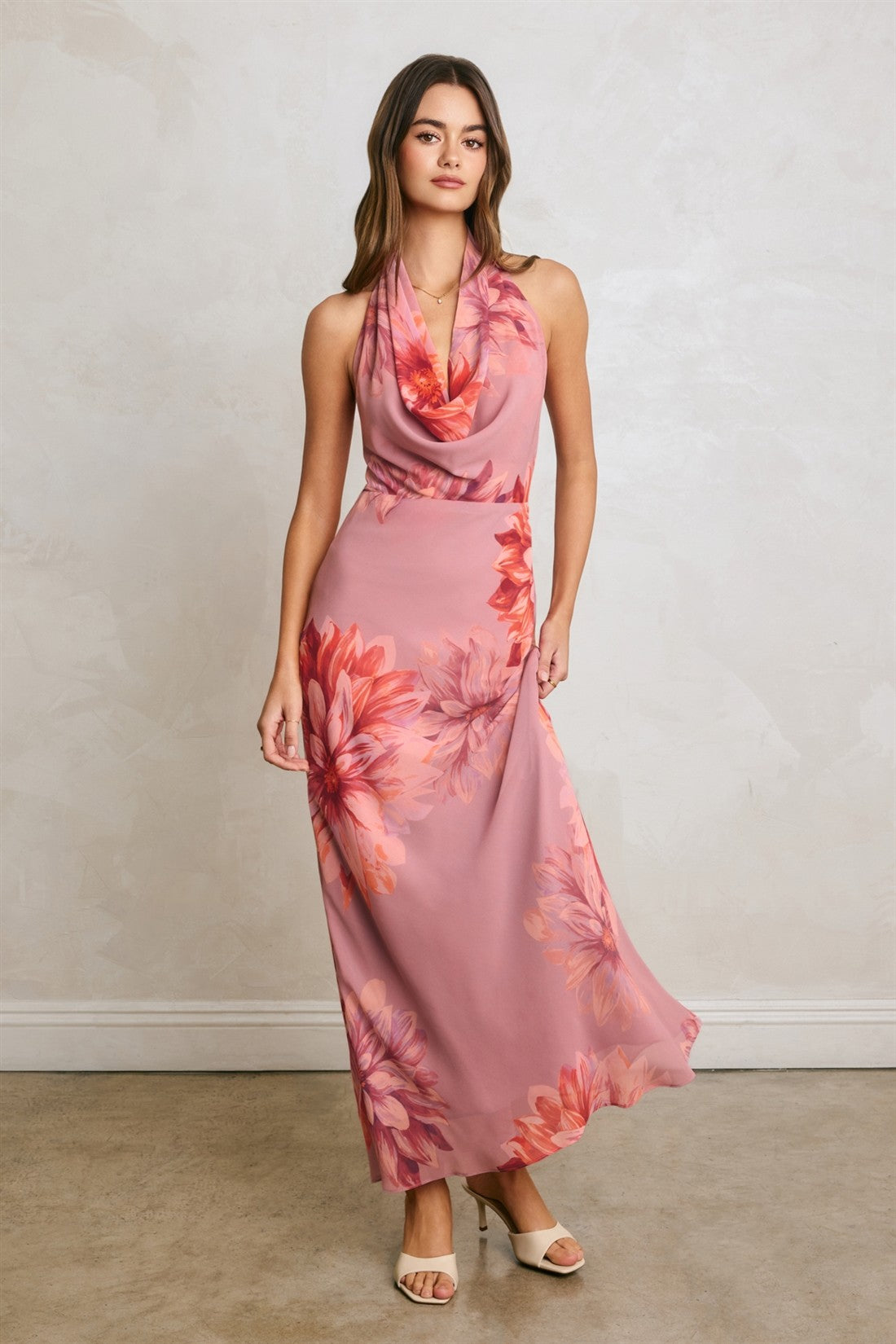 Bella Fiore Floral Cowl Neck Halter Maxi Dress