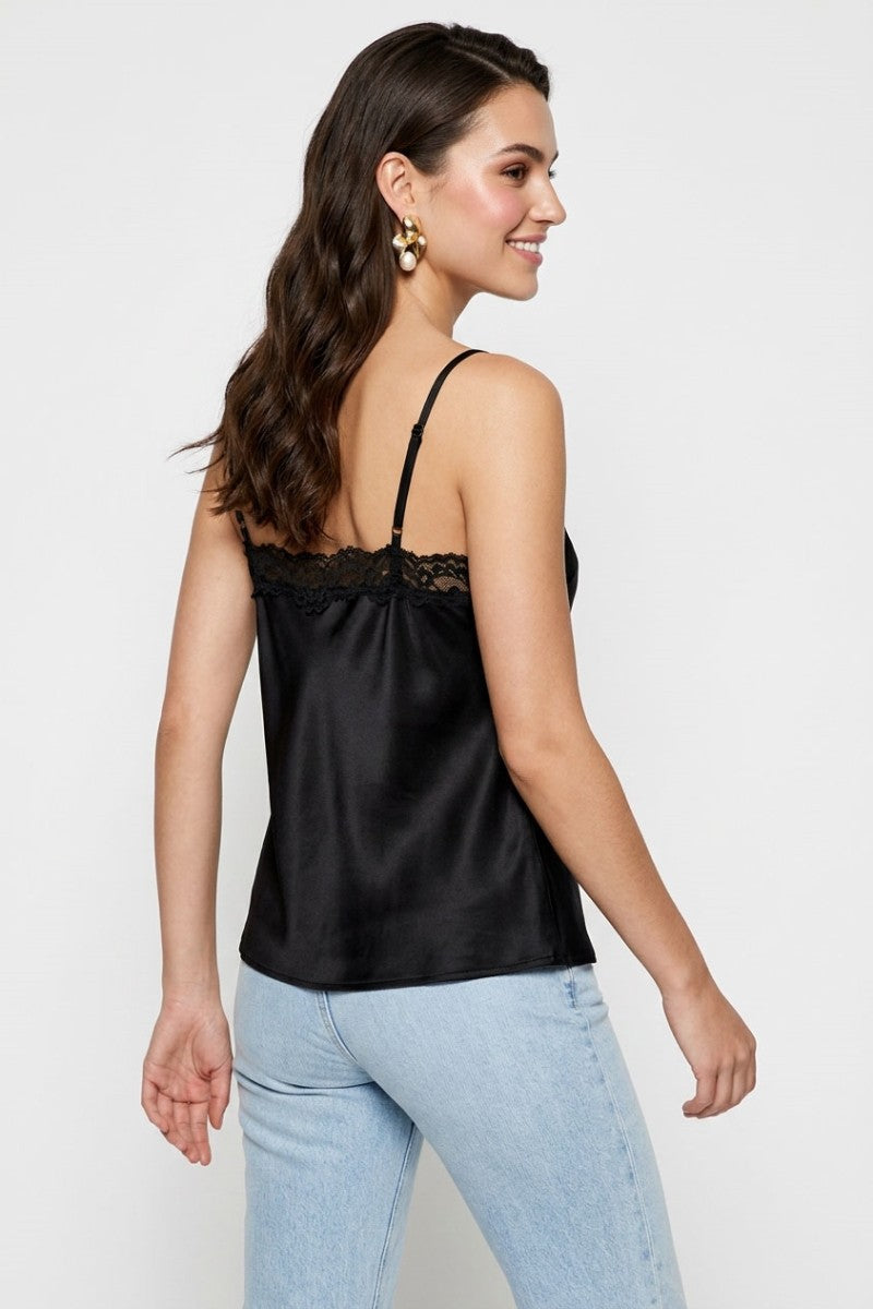 Cleo Satin Lace Trim Cami in Black