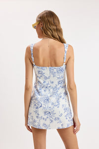 Poppy Floral Square Neck Smocked Mini Dress in Blue