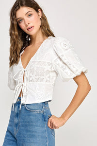 Embroidered Blouse With Tie Front