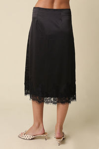 Simone Lace Trim Satin Midi Skirt in Black