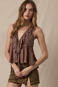 Sheer Solid Color Double Ties Lace Ruffle Top in Mocha