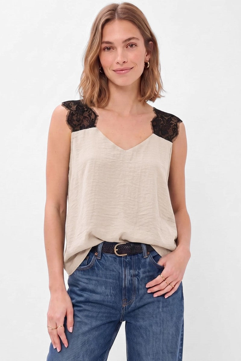 Daphne Lace Shoulder Satin Tank in Taupe