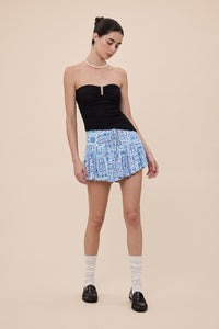 Patchwork Print Blue Mini Skirt with Built in Short