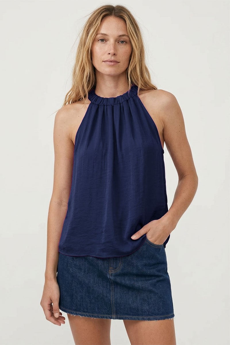 Delphine Twisted Halter Tie Back Top in Navy
