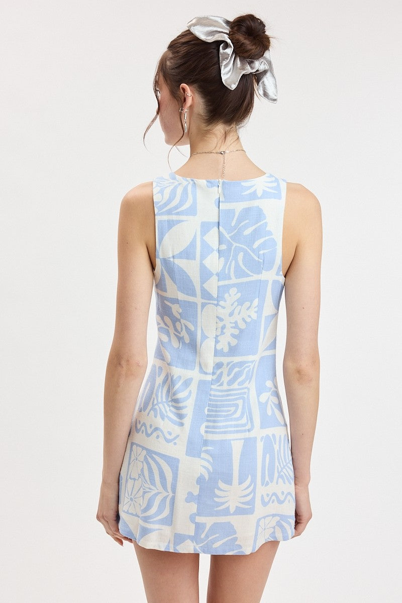 Salt & Sand Tropical Tile Boat Neck Mini Dress