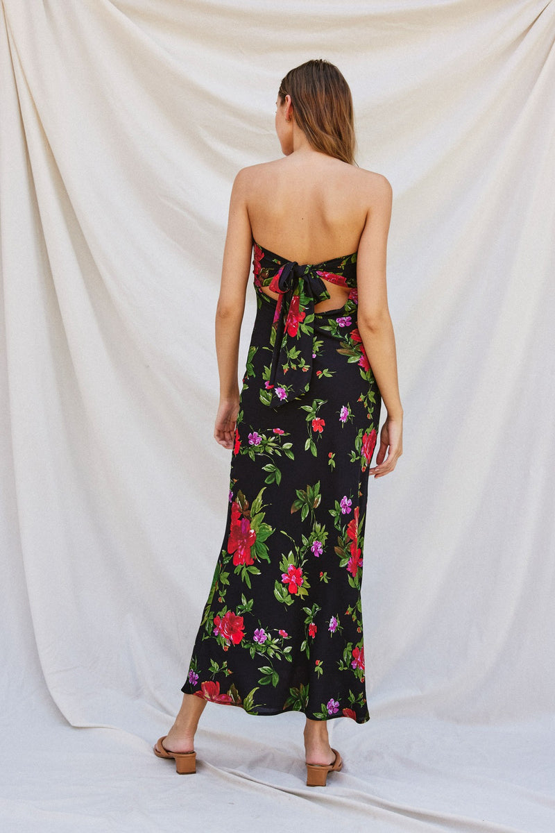 Midnight Garden Straplesss Tie Back maxi Dress