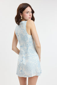 Pastel Print Boat Neck Micro Mini in Blue