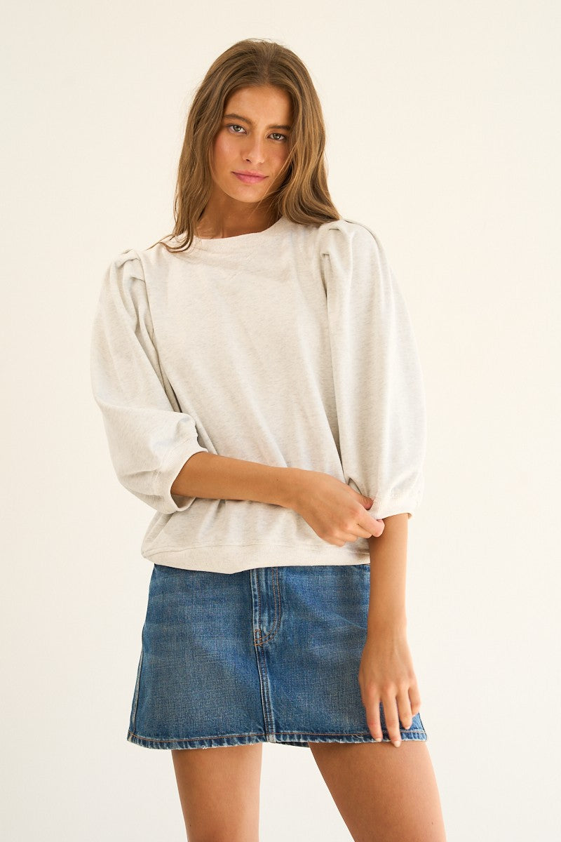 French Terry Puff Sleeve Sweatshirt in Heather Grey