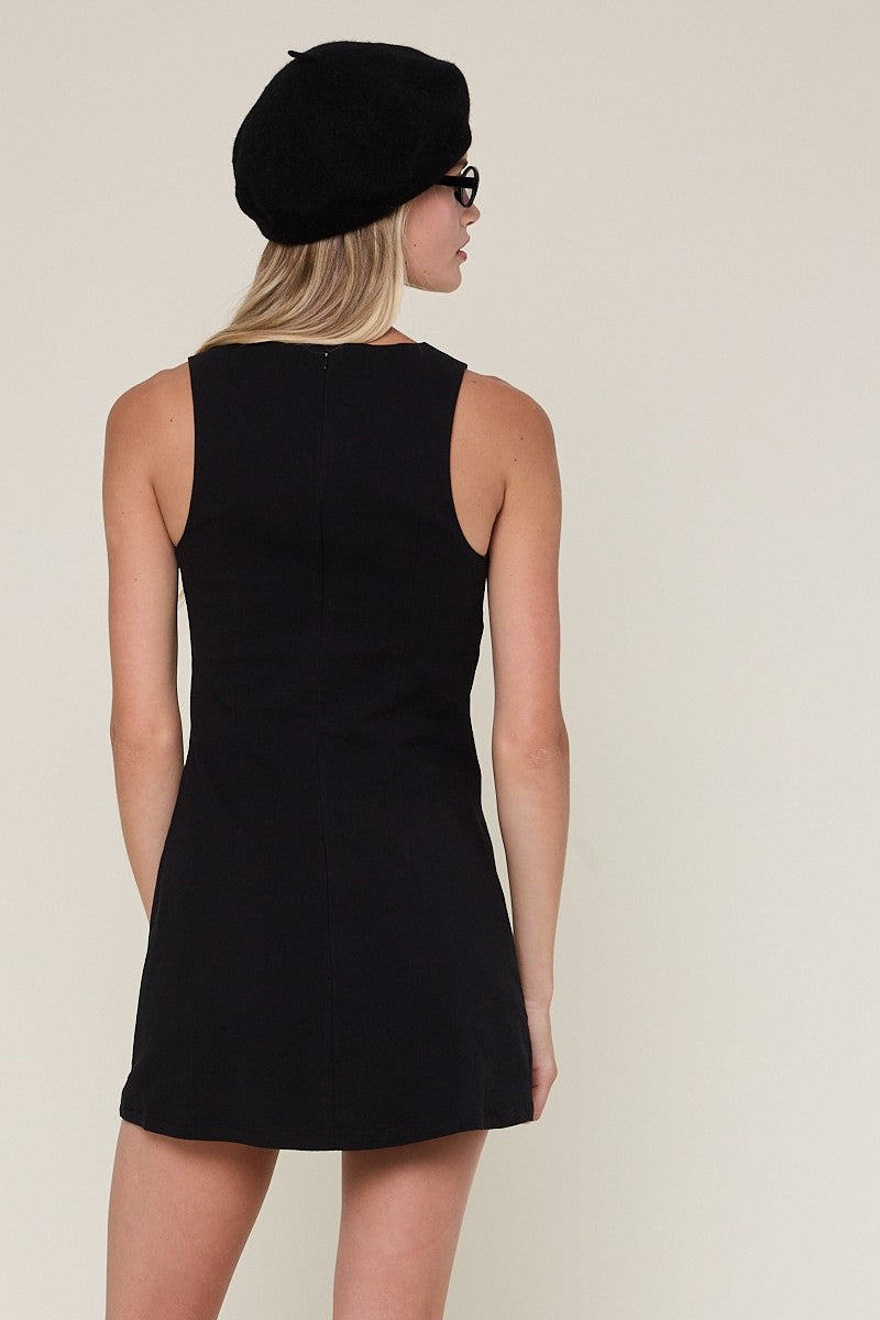 Boat Neck Inside Shorts Micro Mini Dress in Black