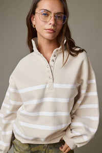 Whistler Stripe Fleece Snap Neck Top in Taupe
