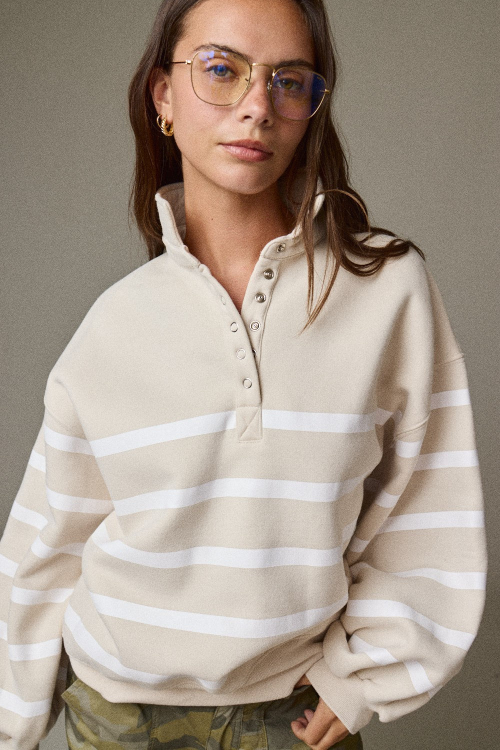 Whistler Stripe Fleece Snap Neck Top in Taupe
