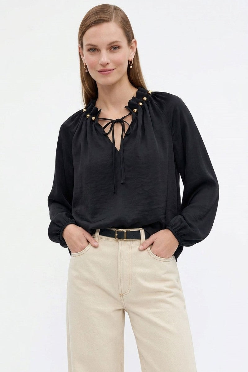 Celeste Beaded Tie Neck Blouse in Black — front view