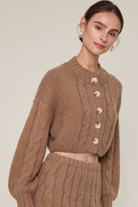 Puff Sleeve Crop Cardigan Sweater in Mocha