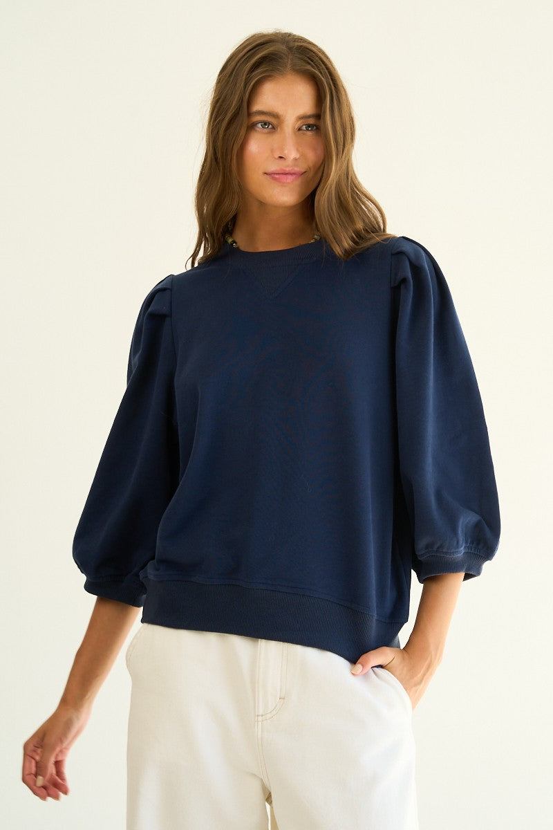 French Terry Puff Sleeve Sweatshirt in Navy