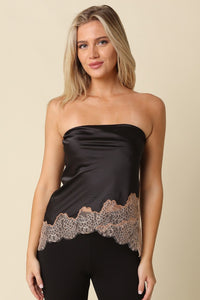 Onyx Satin Lace Trim Tube Top in Black — front view on model