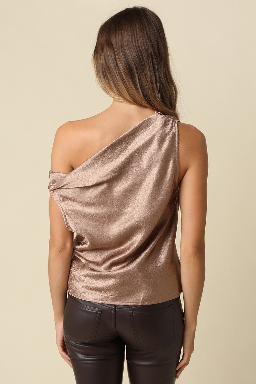 Diana Draped One-Shoulder Satin Top in Mocha — back view on model