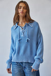 Washed Chunky Knit Lace Up Front Sweater in Blue