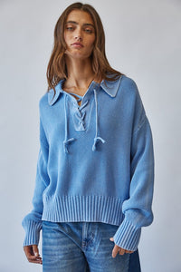 Washed Chunky Knit Lace Up Front Sweater in Blue