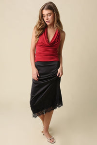 Simone Lace Trim Satin Midi Skirt in Black
