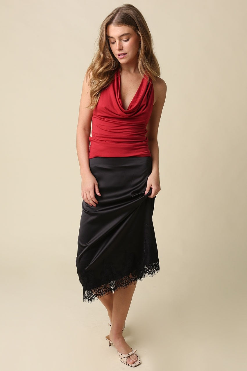Simone Lace Trim Satin Midi Skirt in Black