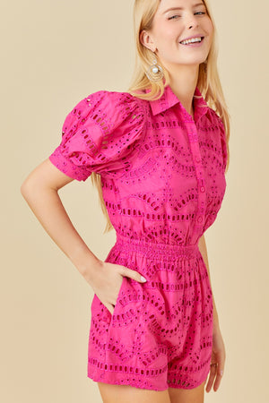 Run the World Puff Sleeve Eyelet Romper in Pink