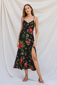 Love Line Black Floral Satin Maxi Dress