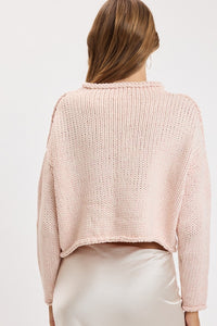 Blush Chunky Knit Rolled Boat Neck Sweater in Pink — side view showing rolled boat neckline, dropped shoulders and boxy fit